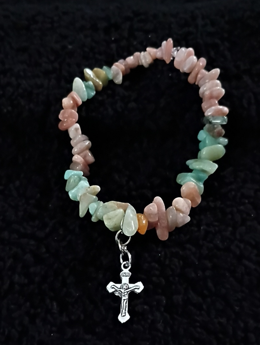 Pastel Multi-Stone Stretch Bracelet with Cross Charm